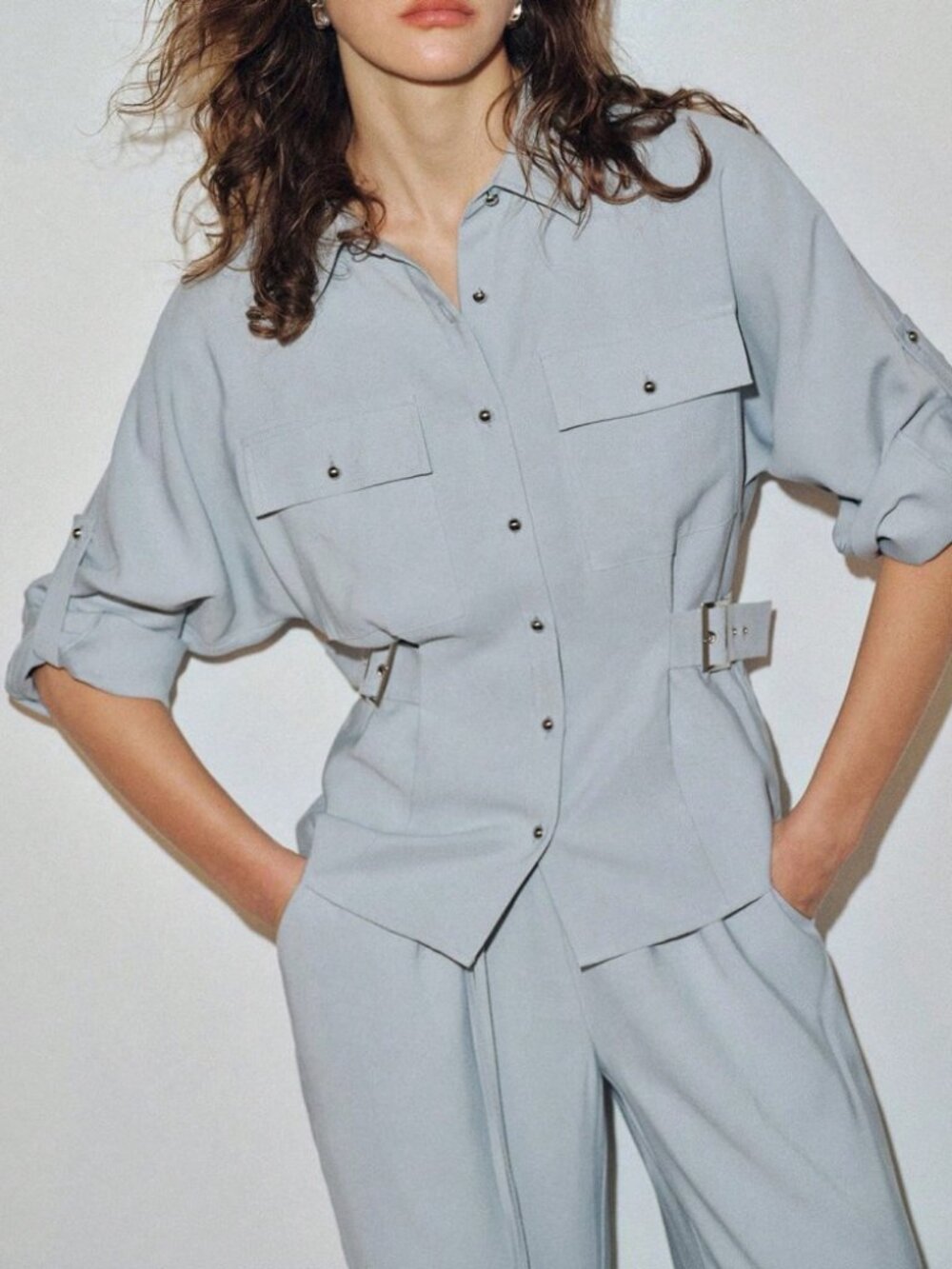 Dusty Blue Belted Utility Shirt with Flap Pockets and Roll-Tab Sleeves